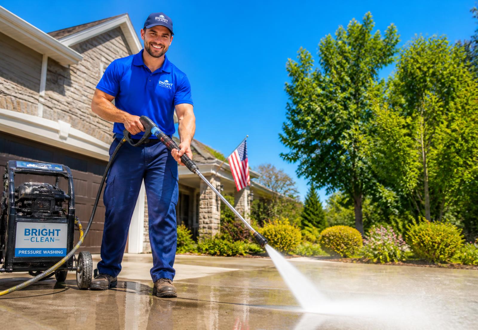 Marinez Property Services technician power washing a driveway